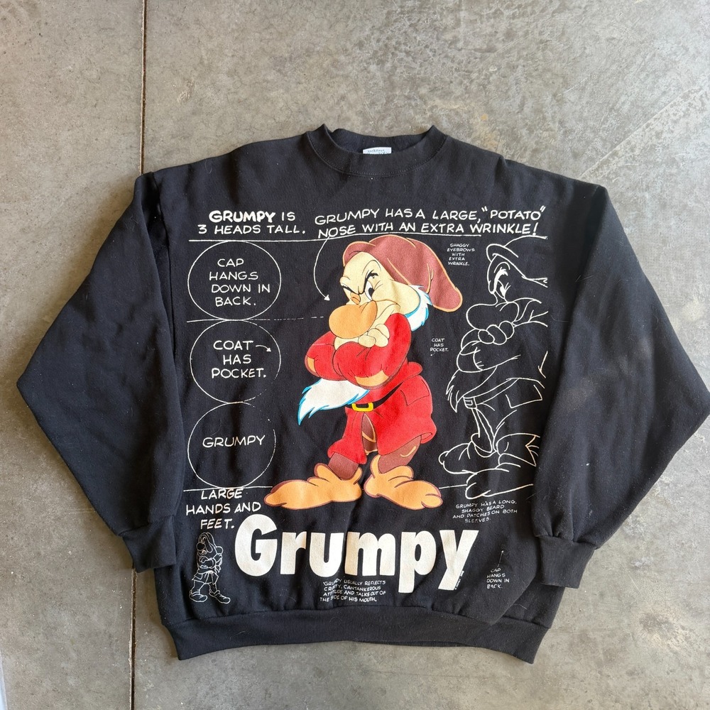 Vintage 90s Disney Grumpy Character Sketch Anatomy Sweatshirt Diagram Mens L